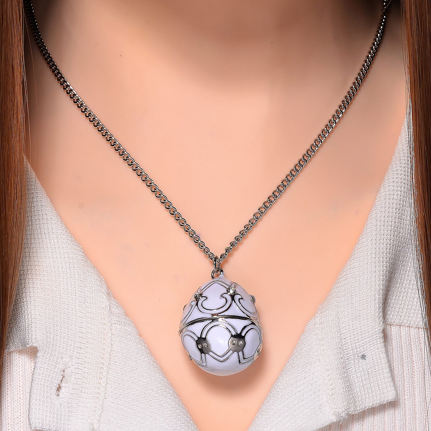 Designer Inspired Enamled Snow Flake Egg Crystal Necklace - White