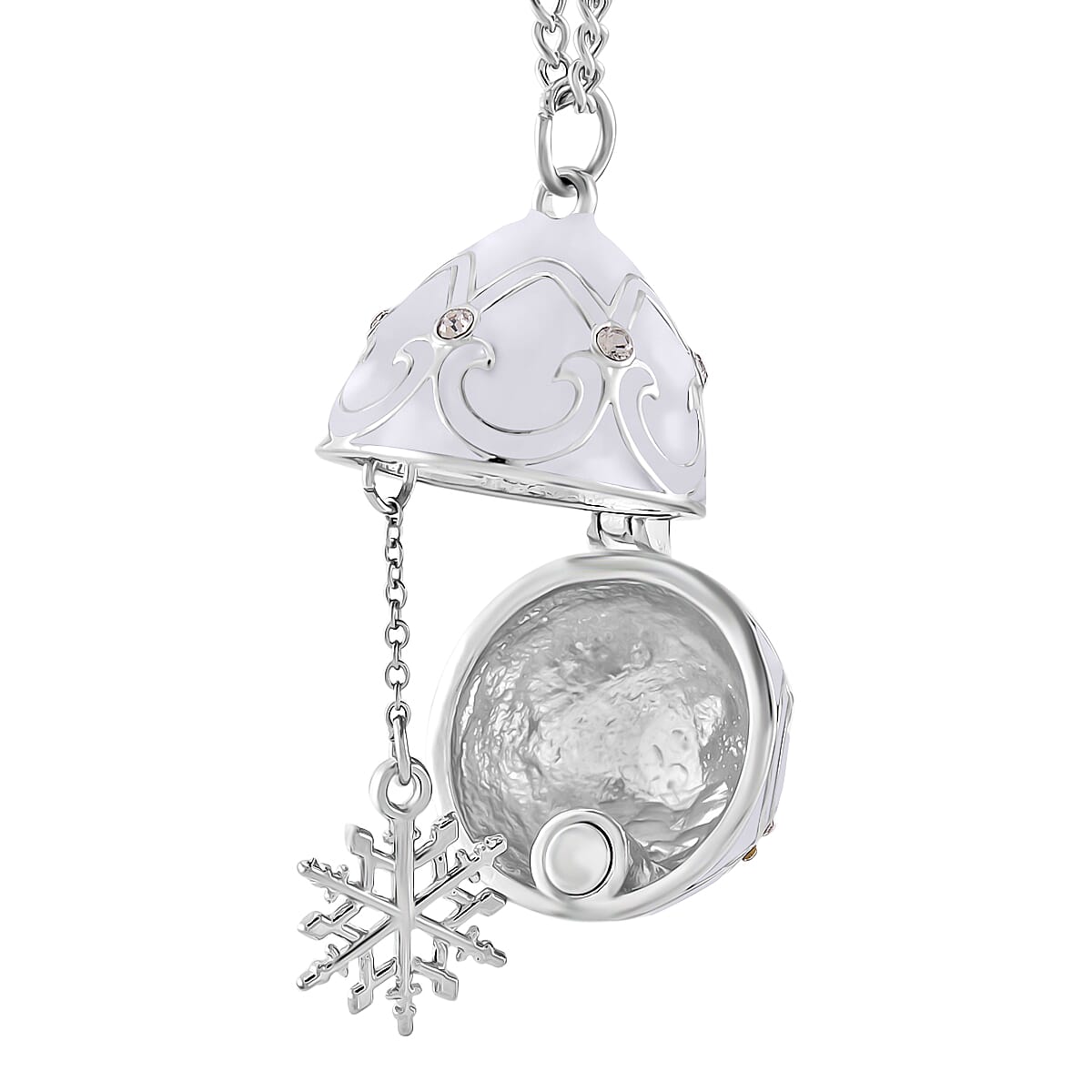 Designer Inspired Enamled Snow Flake Egg Crystal Necklace - White
