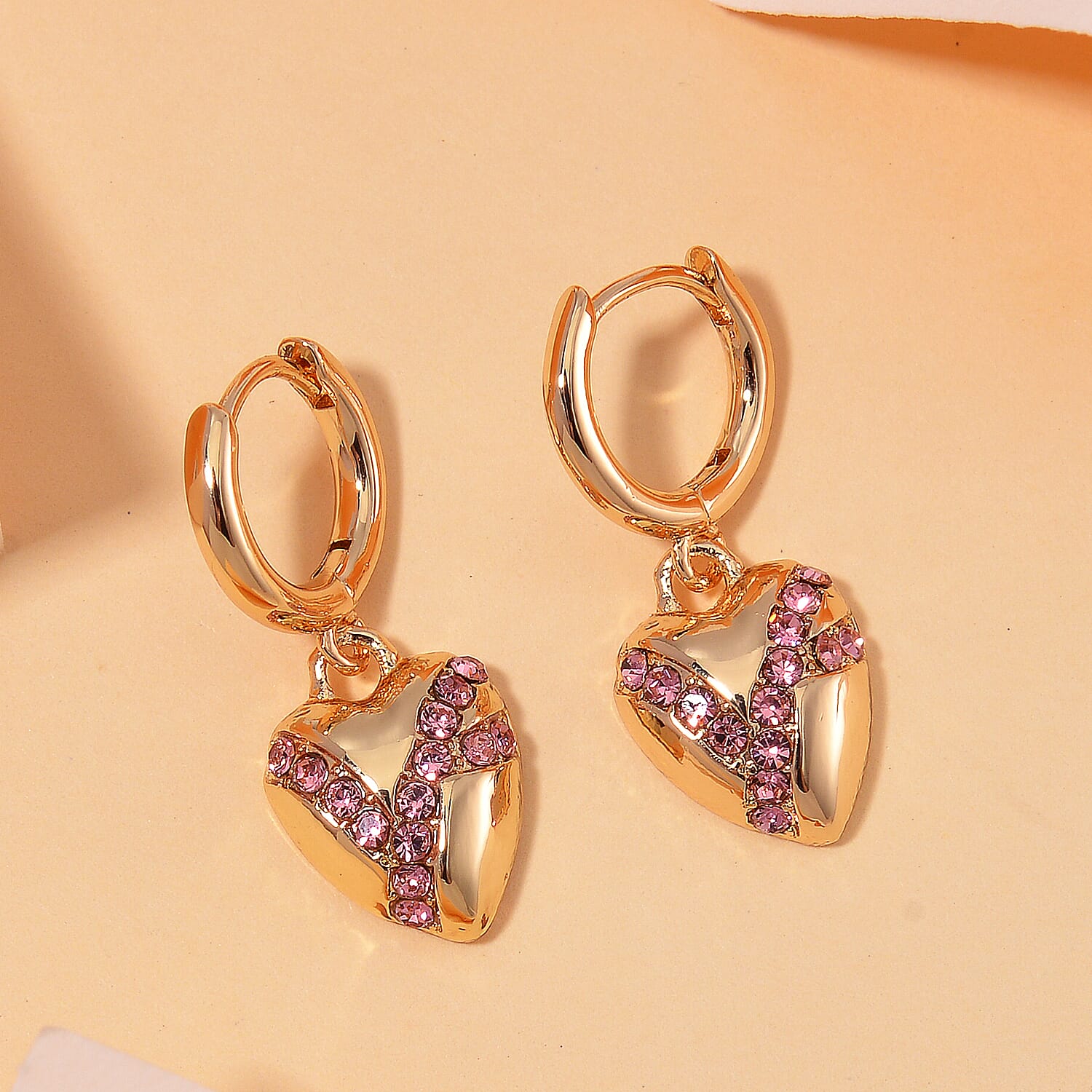 Pink Crystal Earring With Clasp in Yellow Gold Tone