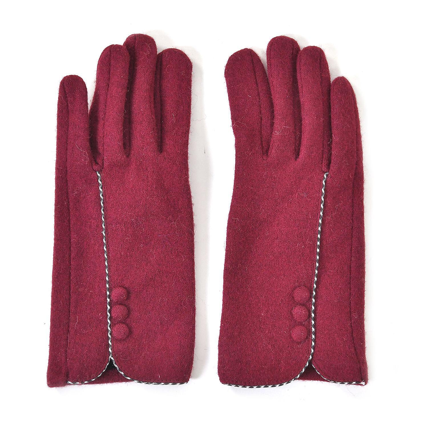 Luxury Cashmere Wool Gloves With Button Detailing and Fleece Lining - Red