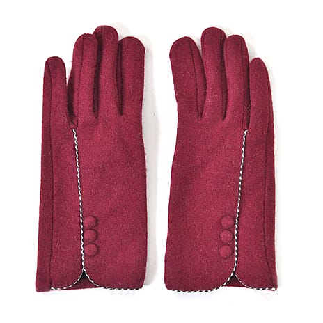 Luxury Cashmere Wool Gloves With Button Detailing and Fleece Lining - Red