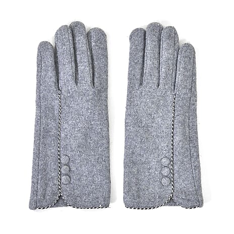 Luxury Cashmere Wool Gloves With Button Detailing and Fleece Lining - Grey