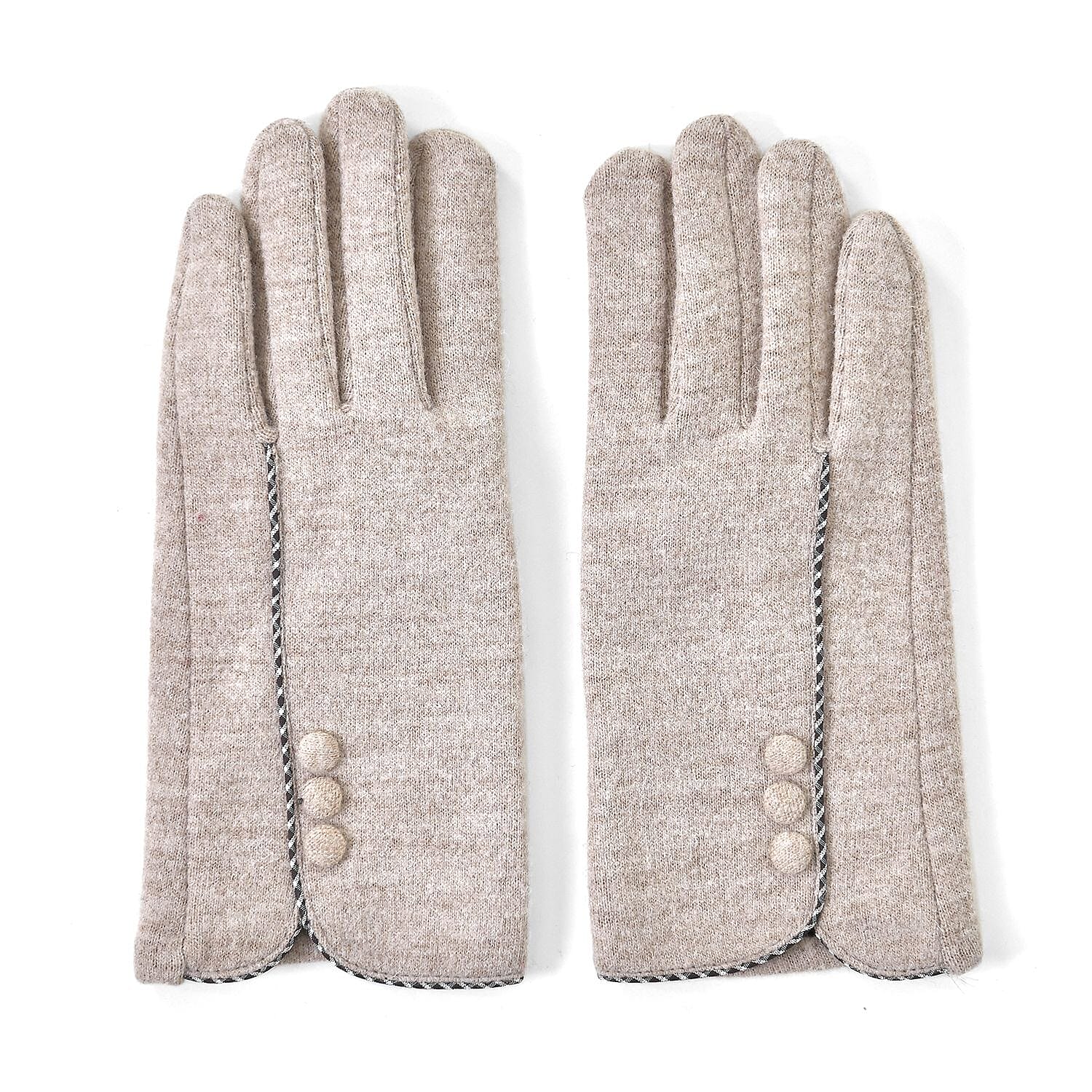 Luxury Cashmere Wool Gloves With Button Detailing and Fleece Lining - Beige