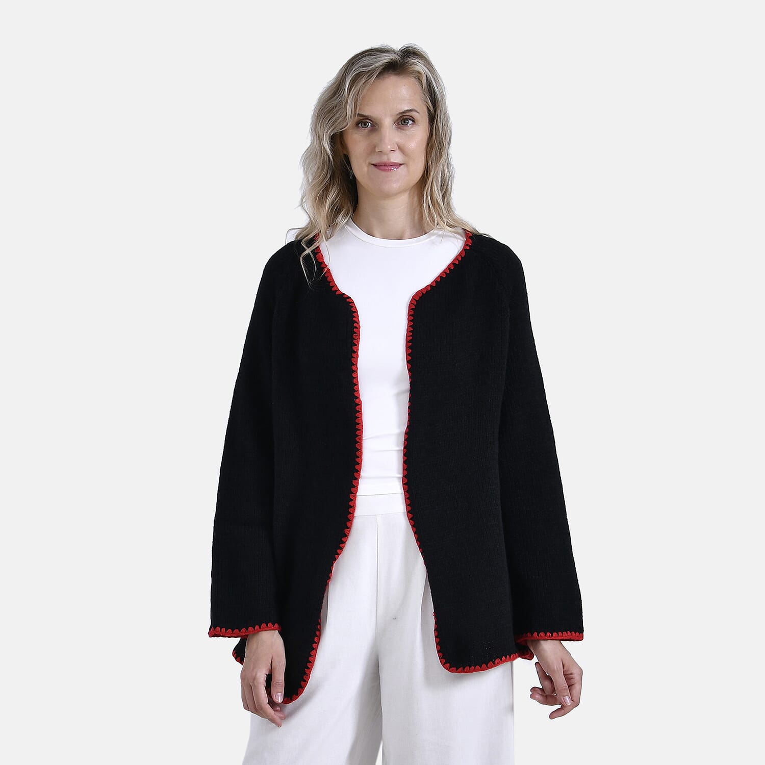 Tamsy Crew Neck Cardigan (One Size) - Black - Red