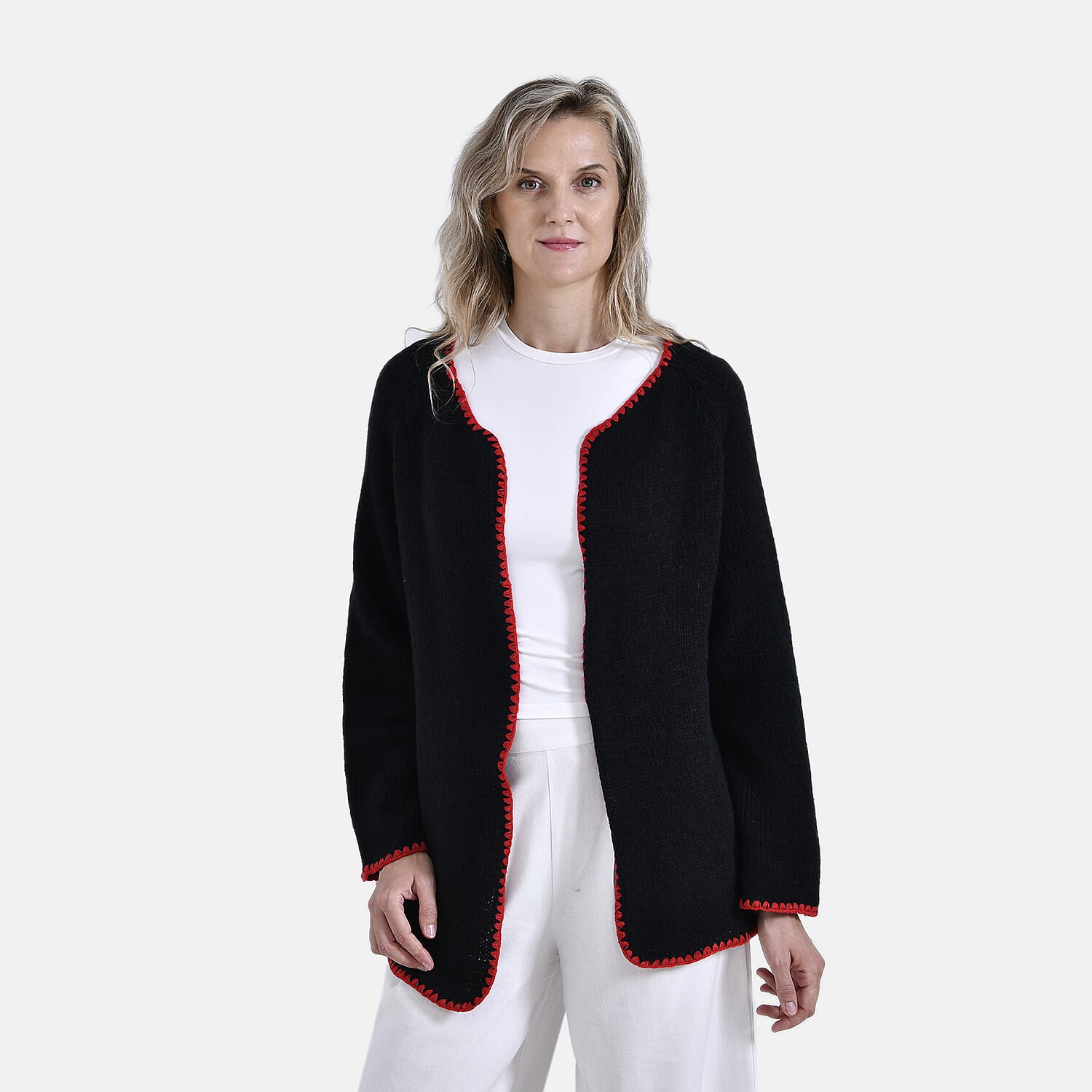 Tamsy Crew Neck Cardigan (One Size) - Black - Red