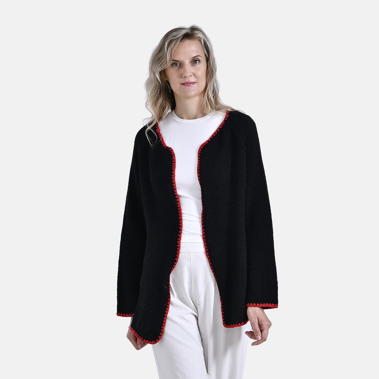 Tamsy Crew Neck Cardigan (One Size) - Black - Red