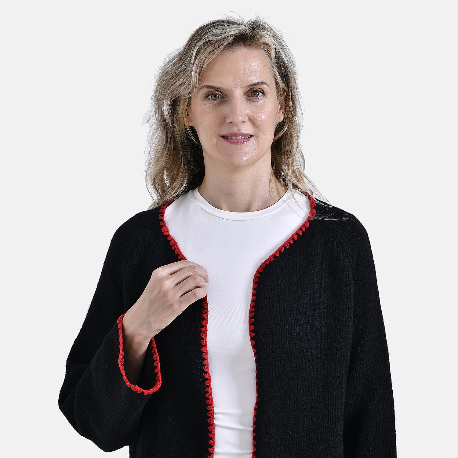 Tamsy Crew Neck Cardigan (One Size) - Black - Red
