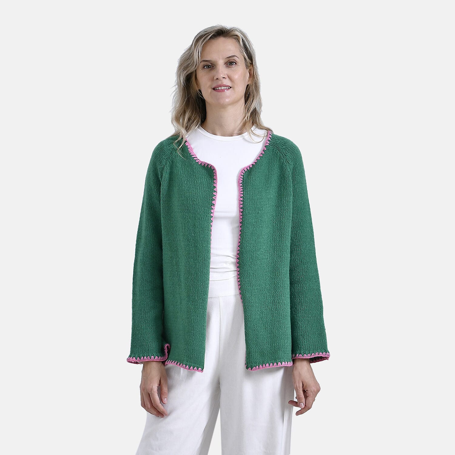 Tamsy Blanket Stitch Jacket (One Size) - Green & Pink