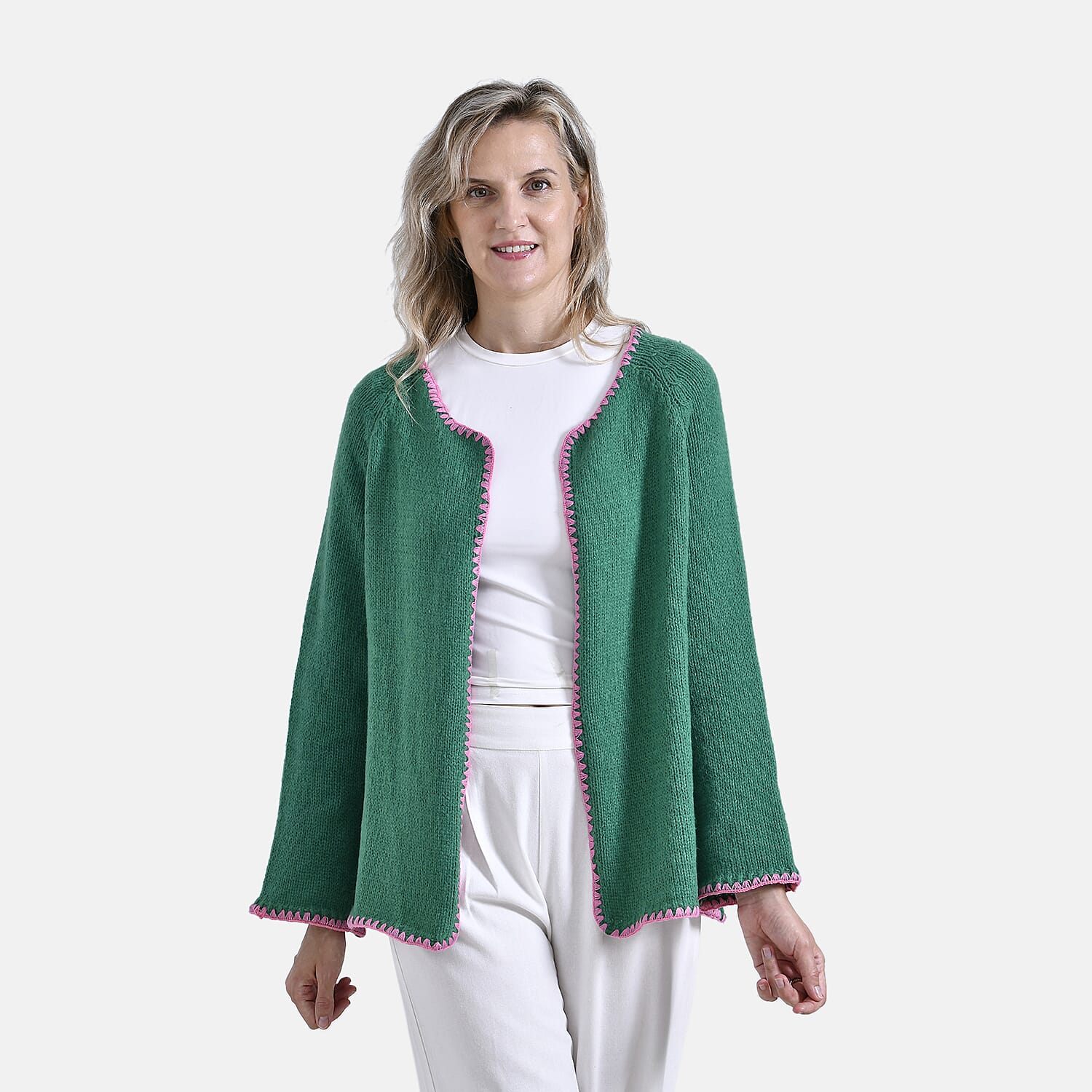 Tamsy Blanket Stitch Jacket (One Size) - Green & Pink