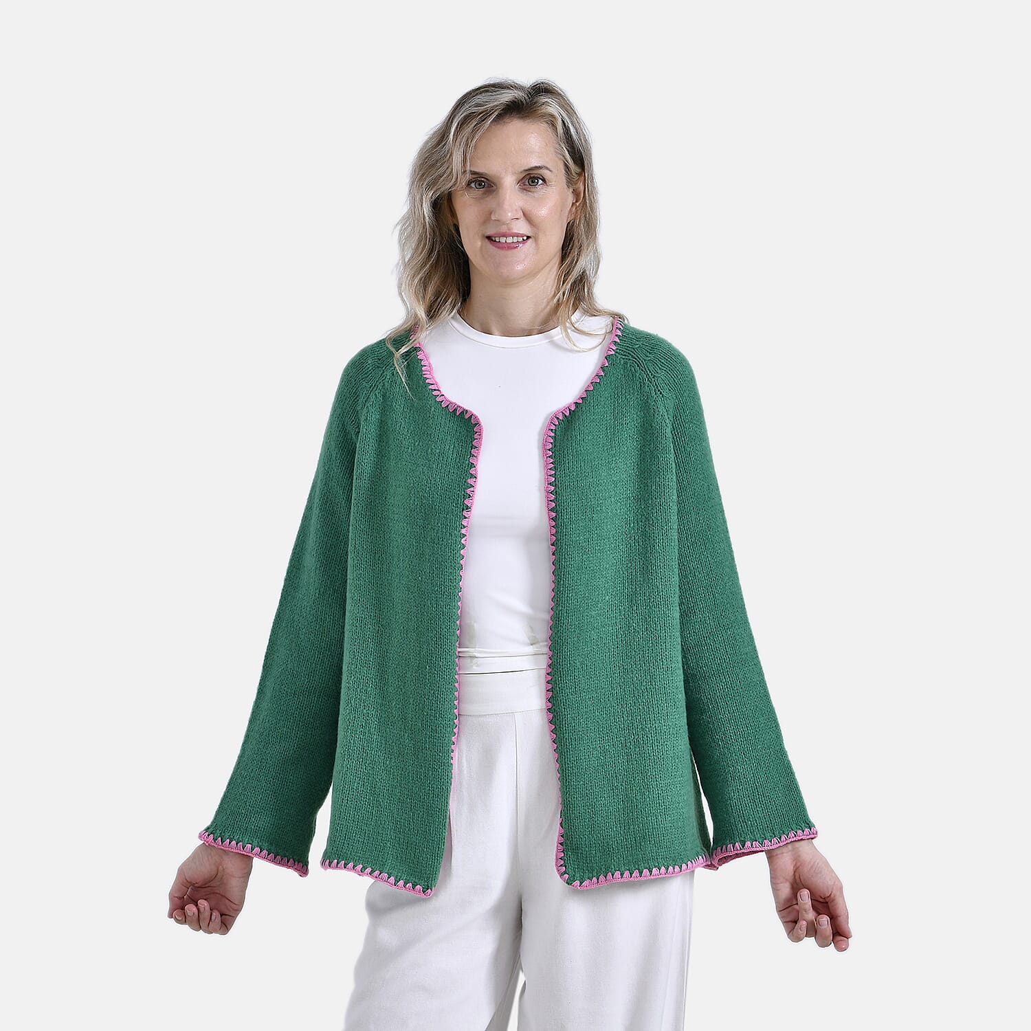 Tamsy Blanket Stitch Jacket (One Size) - Green & Pink