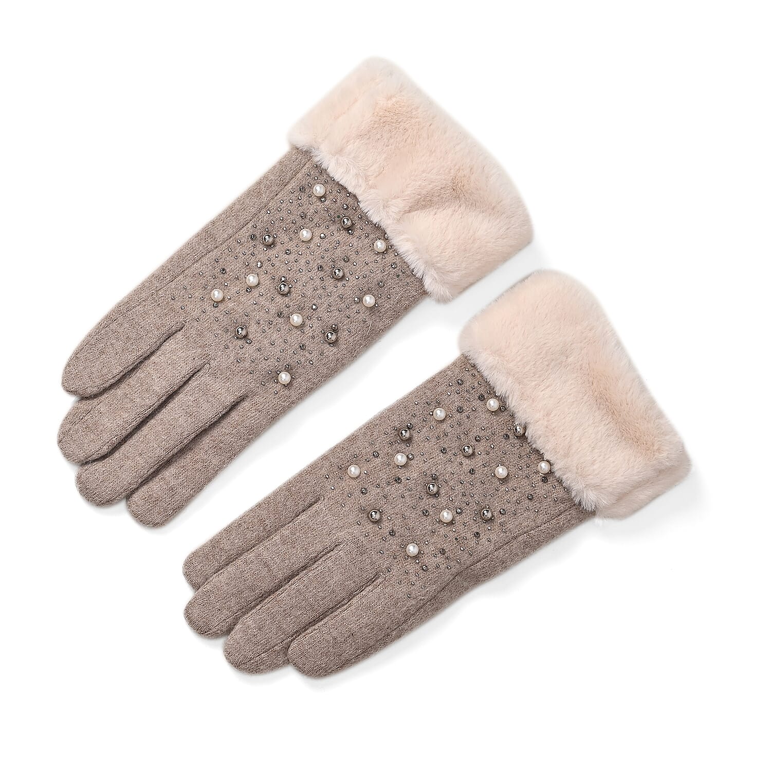 Luxurious Cashmere Beaded Gloves with Faux Fur Cuffs - Beige