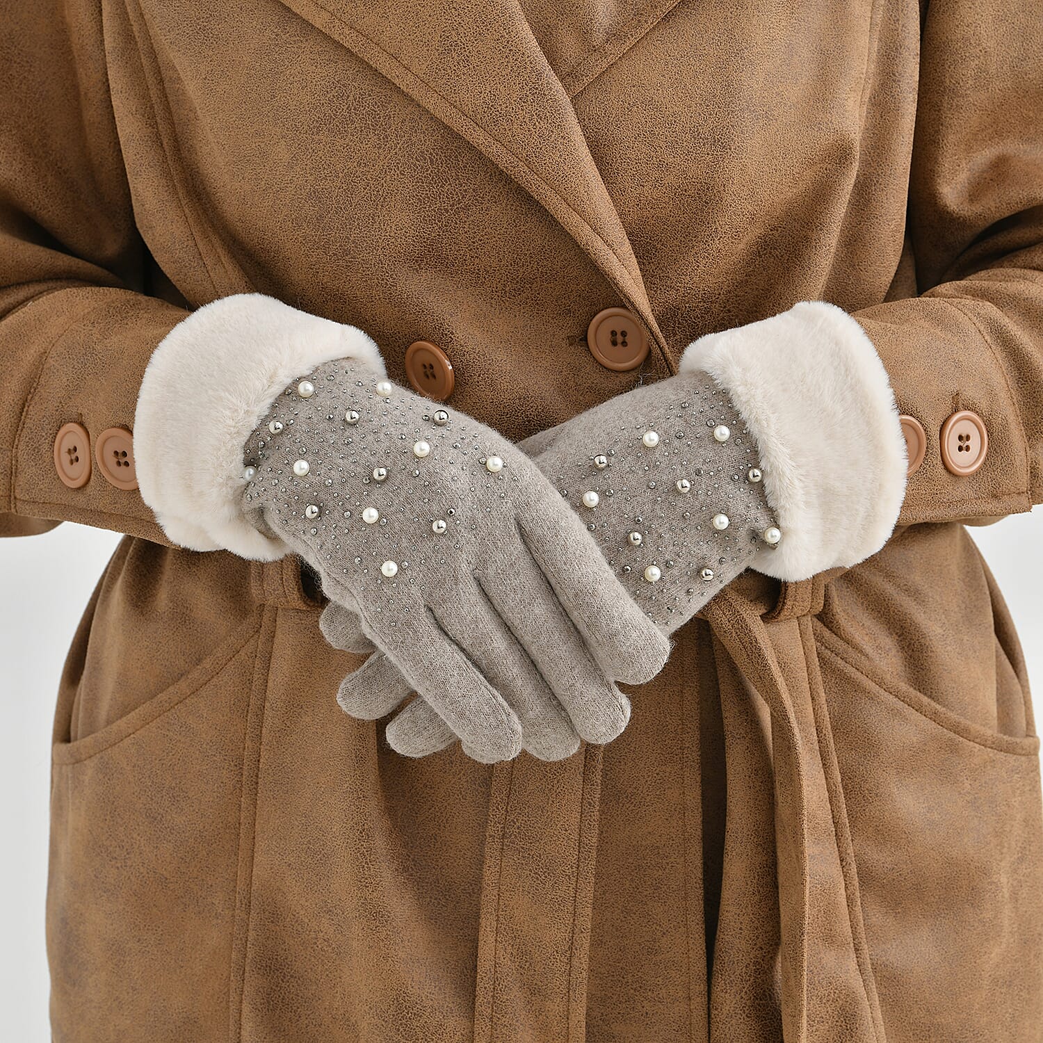 Luxurious Cashmere Beaded Gloves with Faux Fur Cuffs - Beige