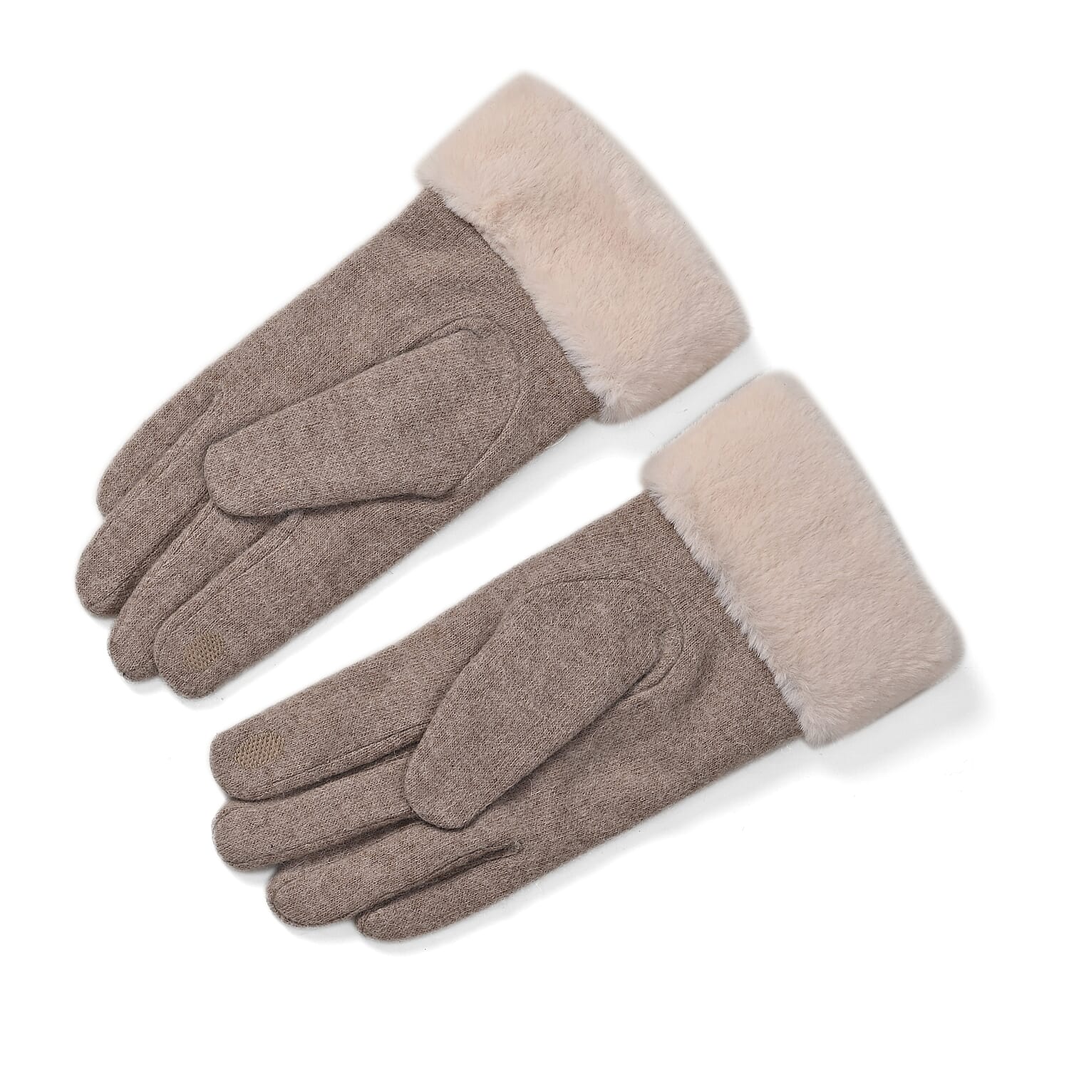 Luxurious Cashmere Beaded Gloves with Faux Fur Cuffs - Beige