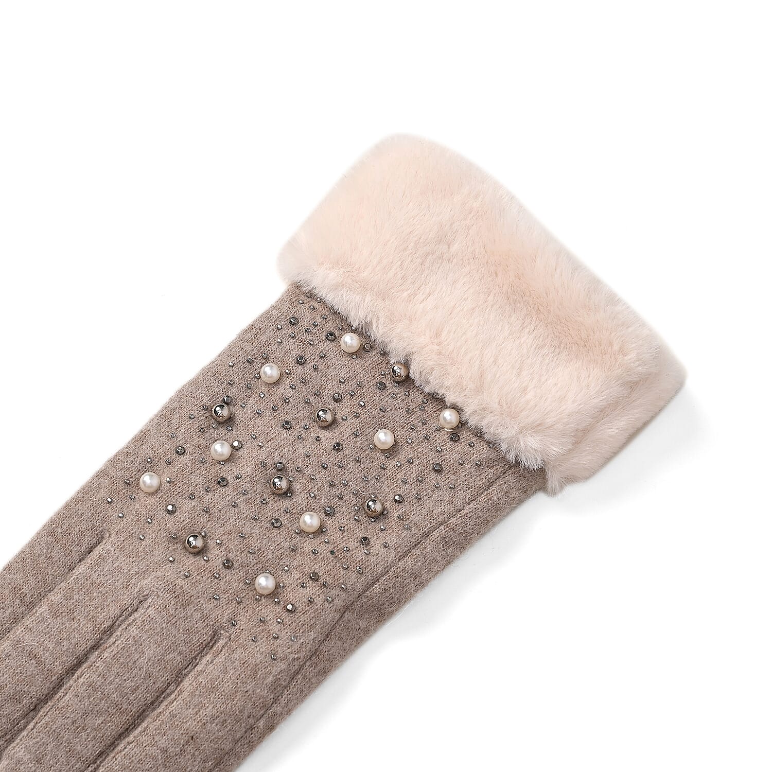 Luxurious Cashmere Beaded Gloves with Faux Fur Cuffs - Beige