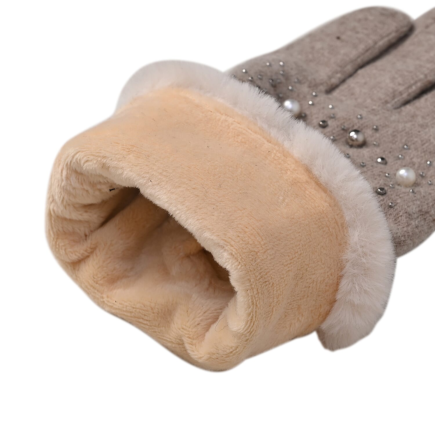 Luxurious Cashmere Beaded Gloves with Faux Fur Cuffs - Beige