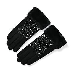 Luxurious Cashmere Beaded Gloves with Faux Fur Cuffs - Black