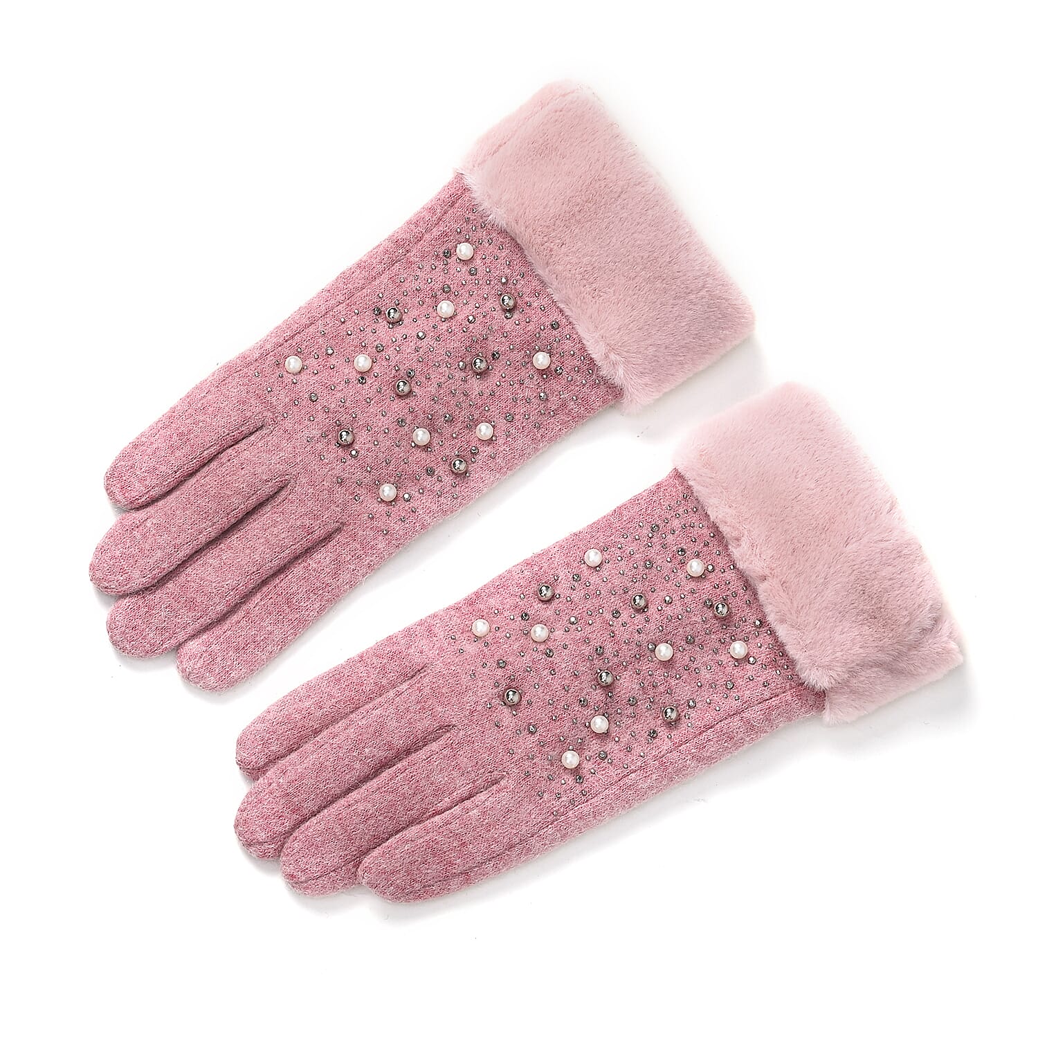 Luxurious Cashmere Beaded Gloves with Faux Fur Cuffs - Pink