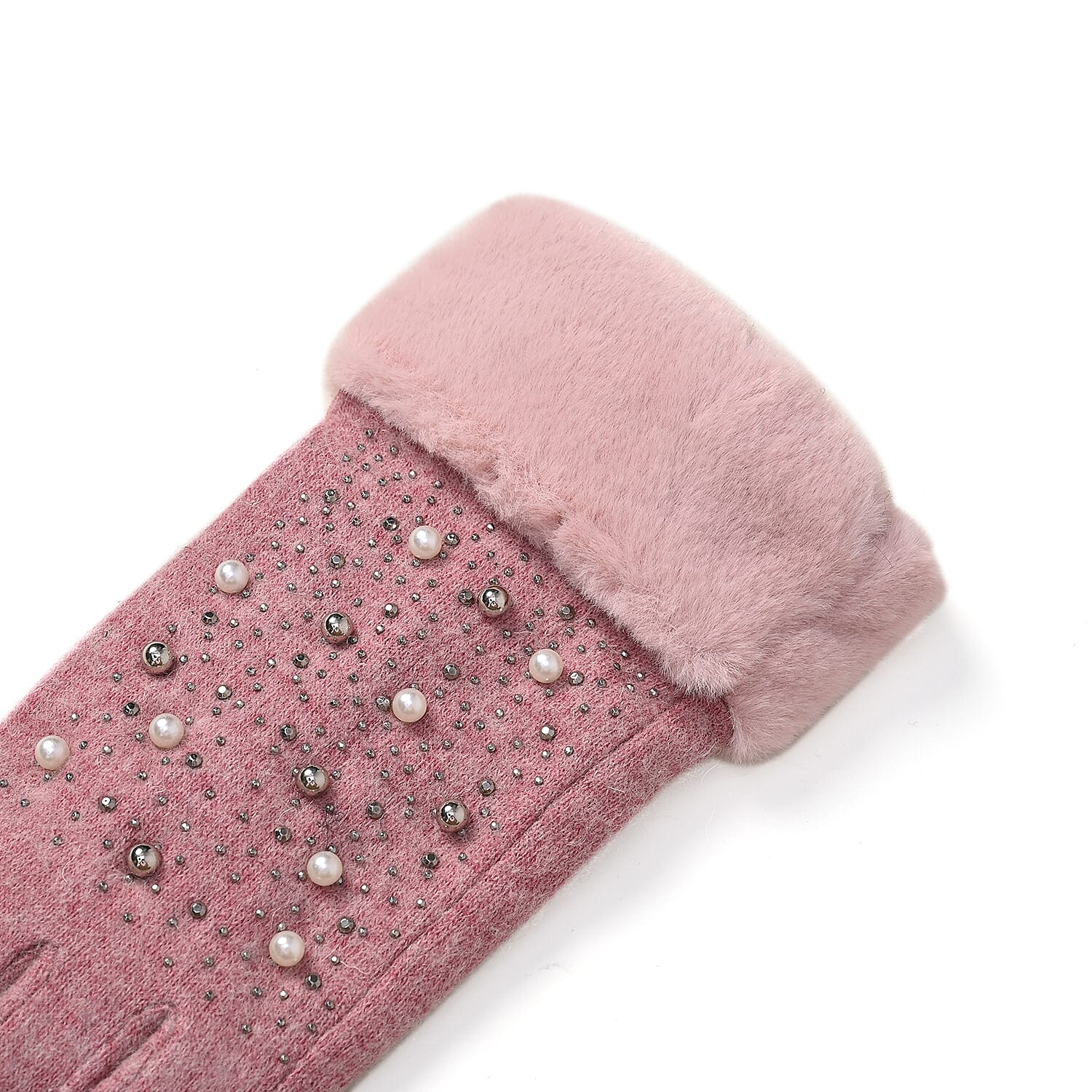 Luxurious Cashmere Beaded Gloves with Faux Fur Cuffs - Pink