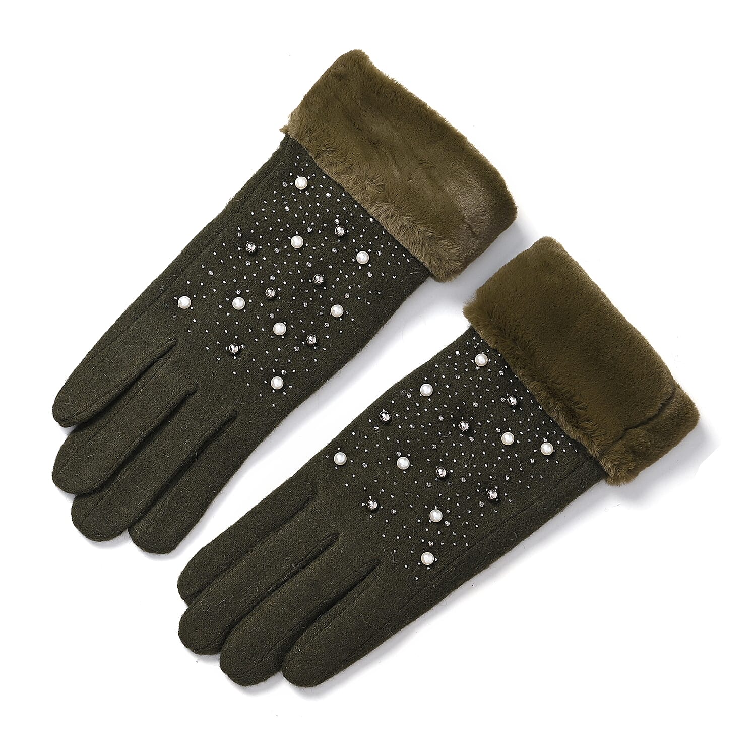 Luxurious Cashmere Beaded Gloves with Faux Fur Cuffs - Olive
