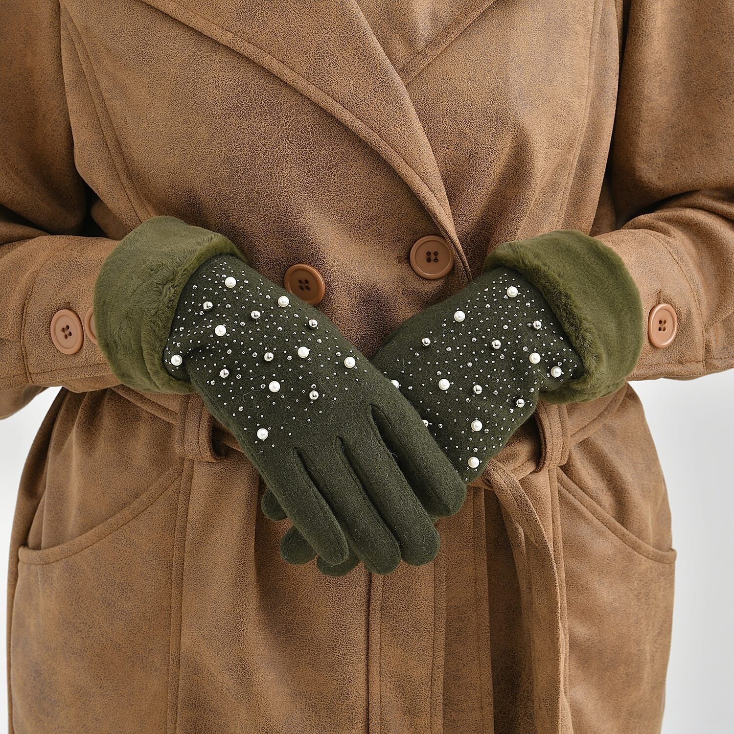 Luxurious Cashmere Beaded Gloves with Faux Fur Cuffs - Olive
