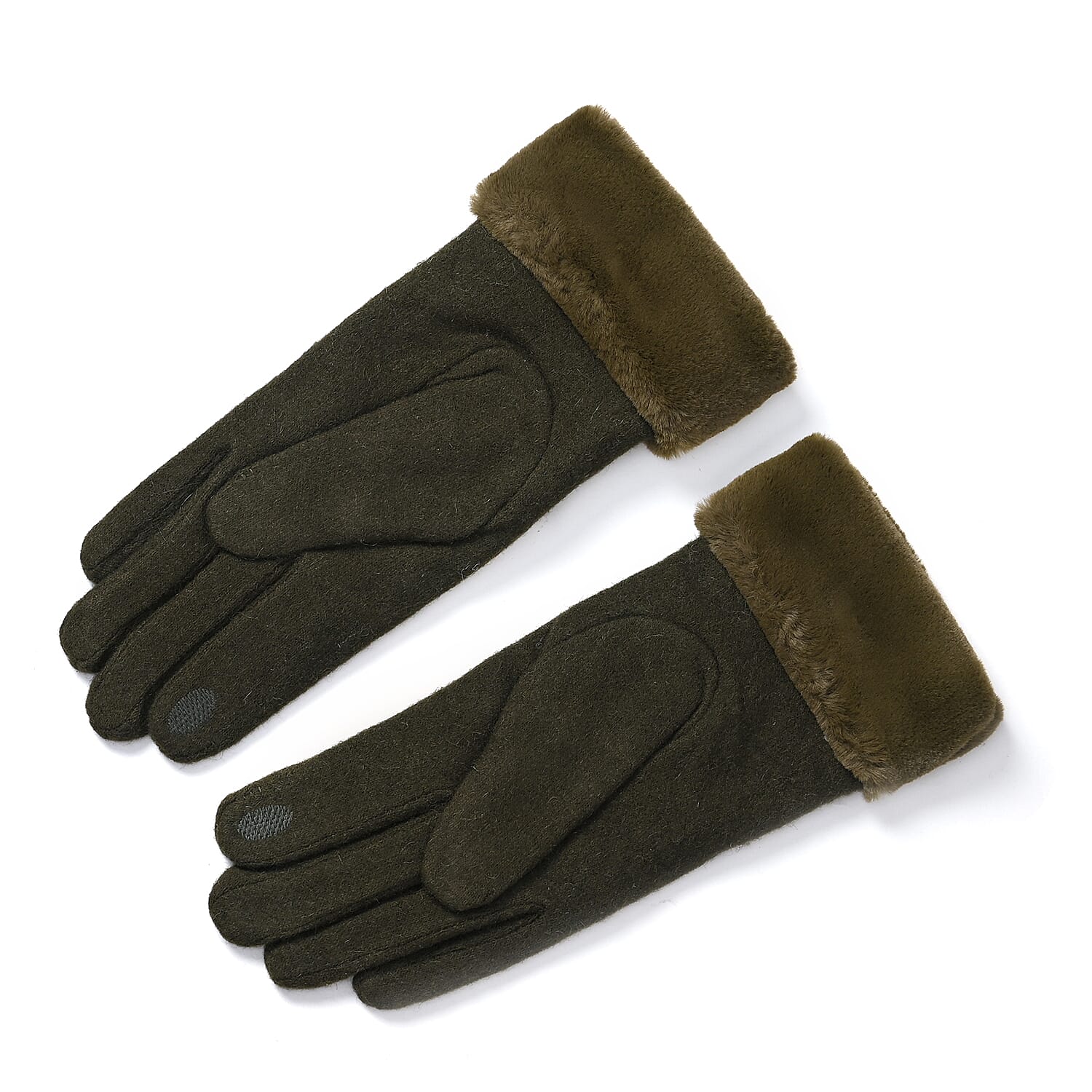 Luxurious Cashmere Beaded Gloves with Faux Fur Cuffs - Olive