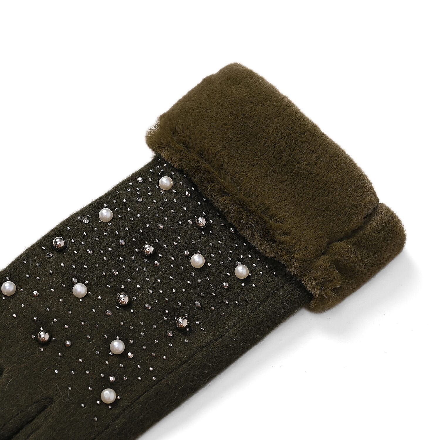 Luxurious Cashmere Beaded Gloves with Faux Fur Cuffs - Olive