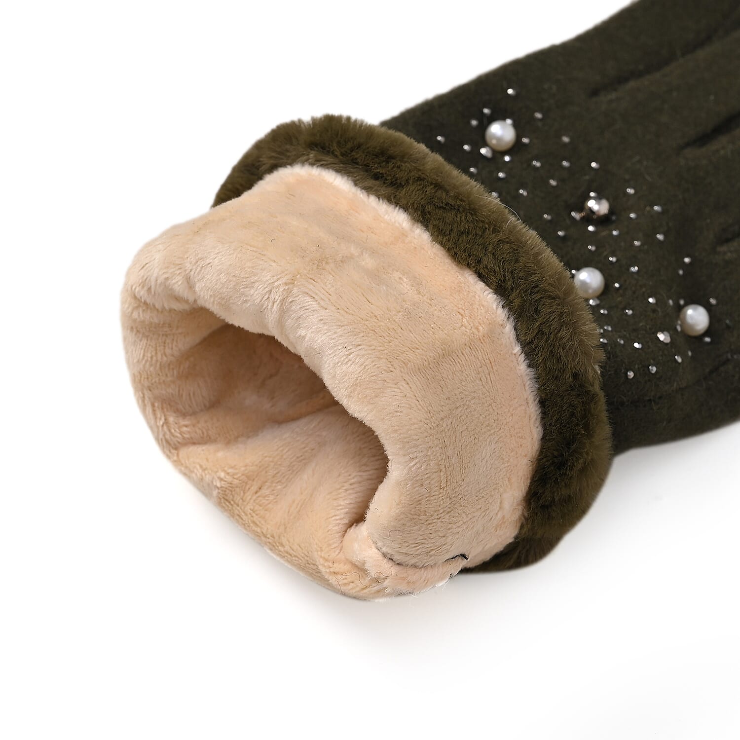 Luxurious Cashmere Beaded Gloves with Faux Fur Cuffs - Olive
