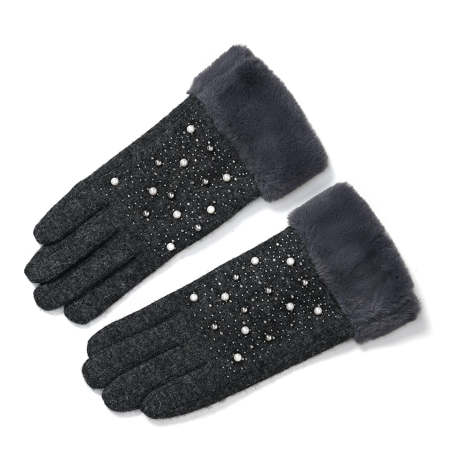 Luxurious Cashmere Beaded Gloves with Faux Fur Cuffs - Grey