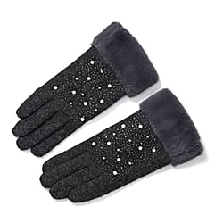 Luxurious Cashmere Beaded Gloves with Faux Fur Cuffs - Black