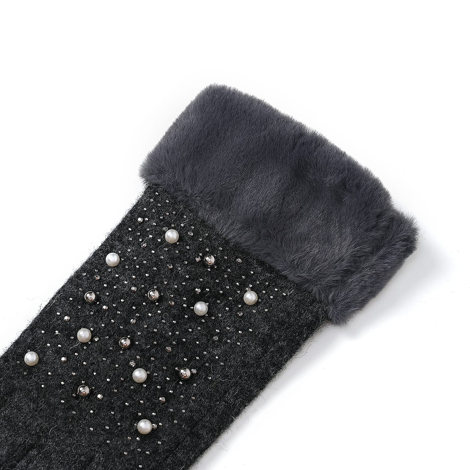 Luxurious Cashmere Beaded Gloves with Faux Fur Cuffs - Grey