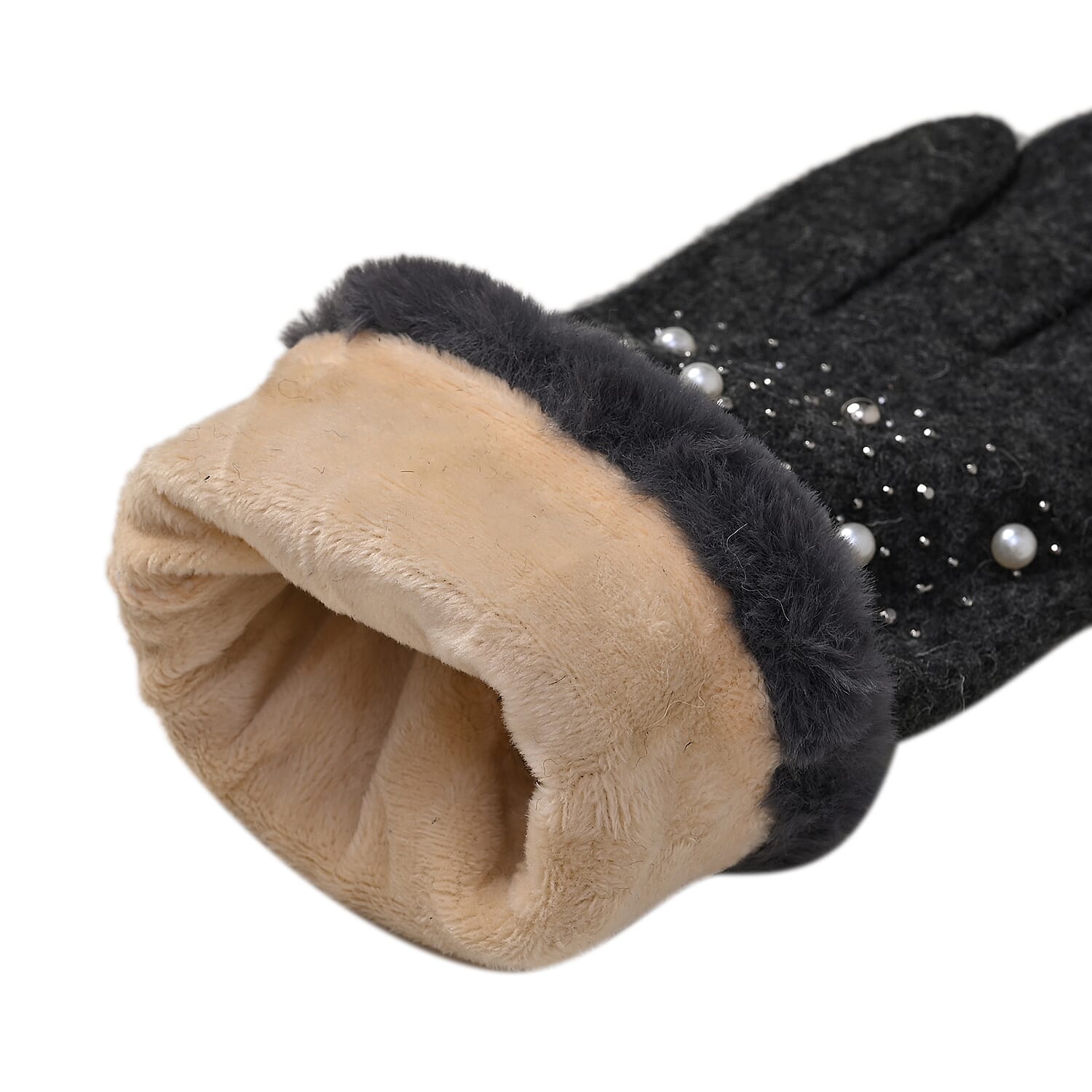 Luxurious Cashmere Beaded Gloves with Faux Fur Cuffs - Grey