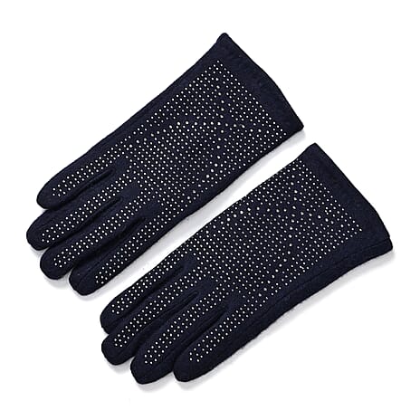 Cashmere Gloves with Rhinestone - Navy