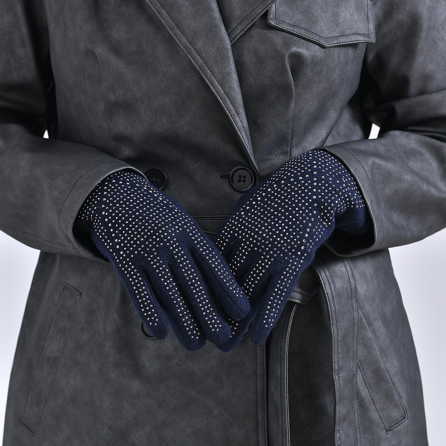 Cashmere Gloves with Rhinestone - Navy