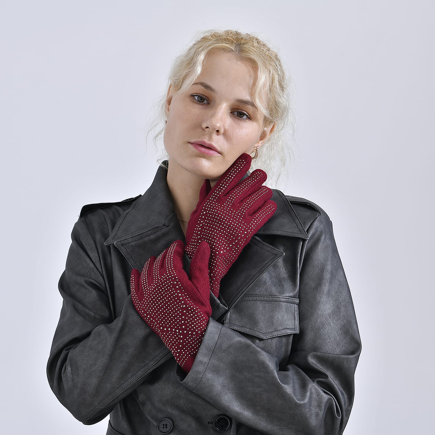 Cashmere Gloves with Rhinestone- Fuchsia