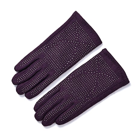 Cashmere Gloves with Rhinestone -Purple & Black