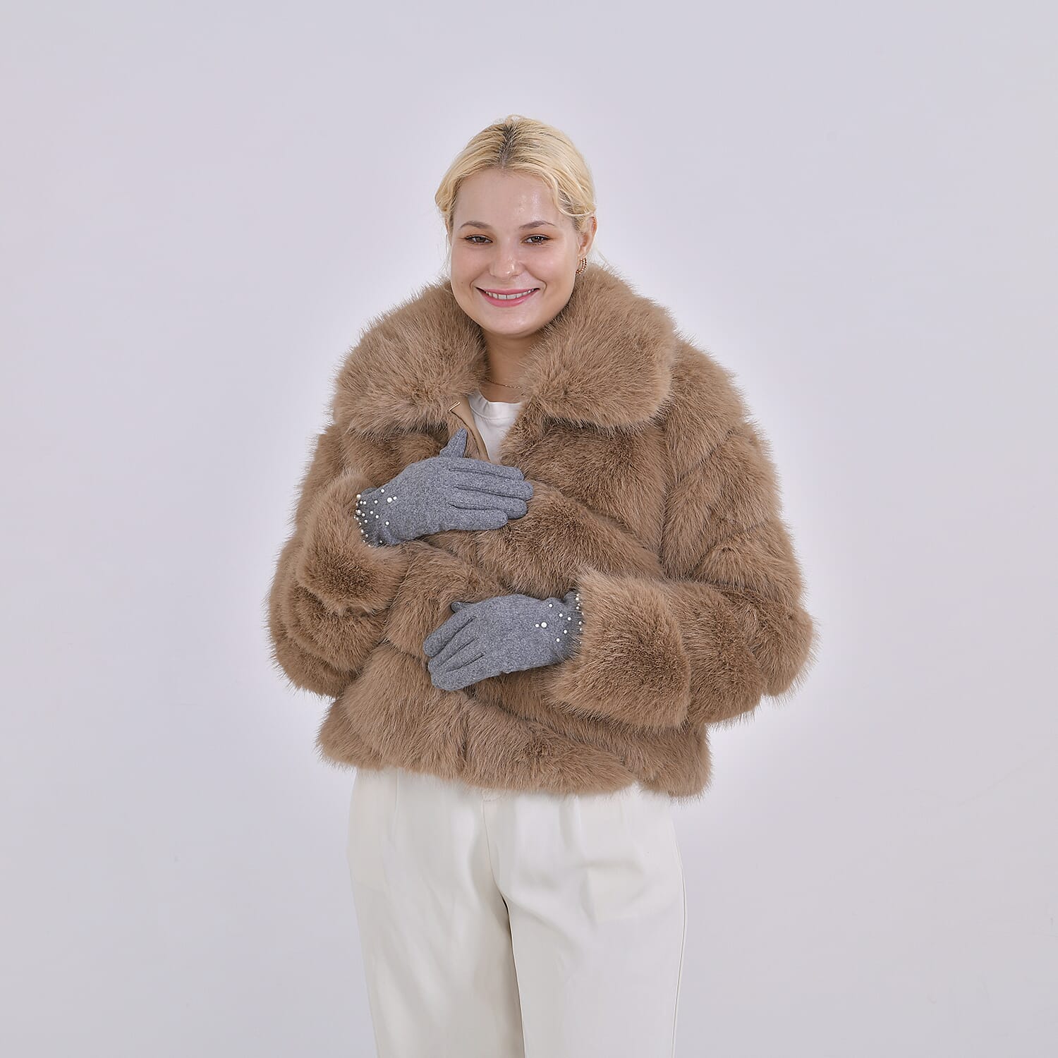 Elegant Cashmere Touch Screen Pearl Embellishments Gloves - Grey