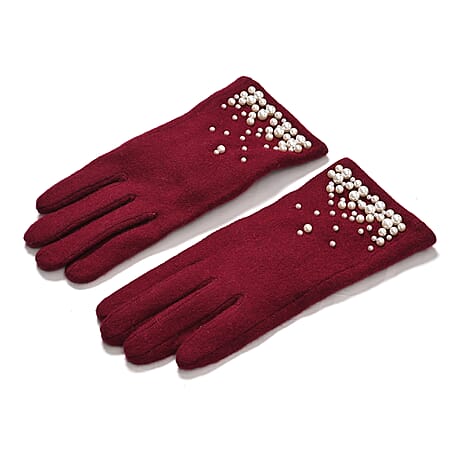 Elegant Cashmere Touch Screen Pearl Embellishments Gloves - Red