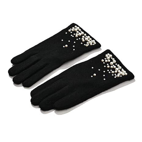 Elegant Cashmere Touch Screen Pearl Embellishments Gloves - Black