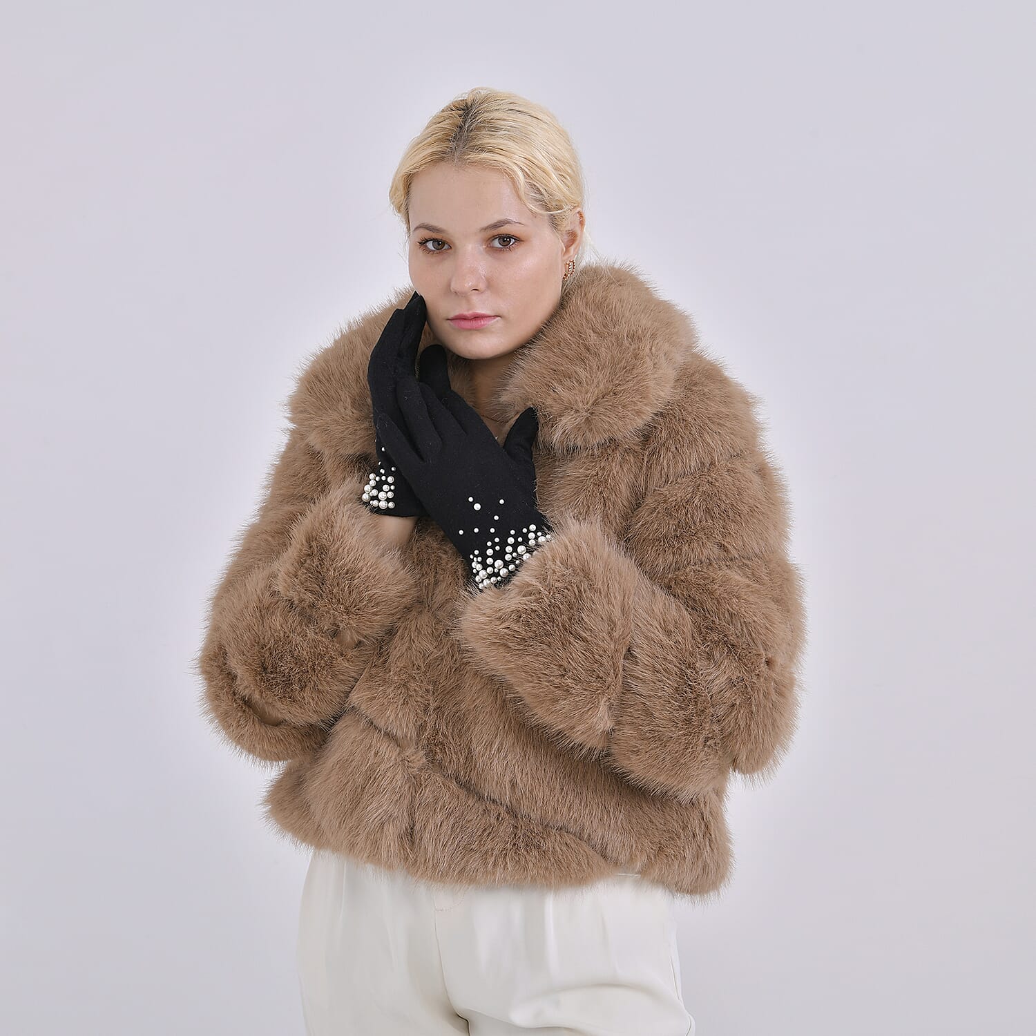 Elegant Cashmere Touch Screen Pearl Embellishments Gloves - Black