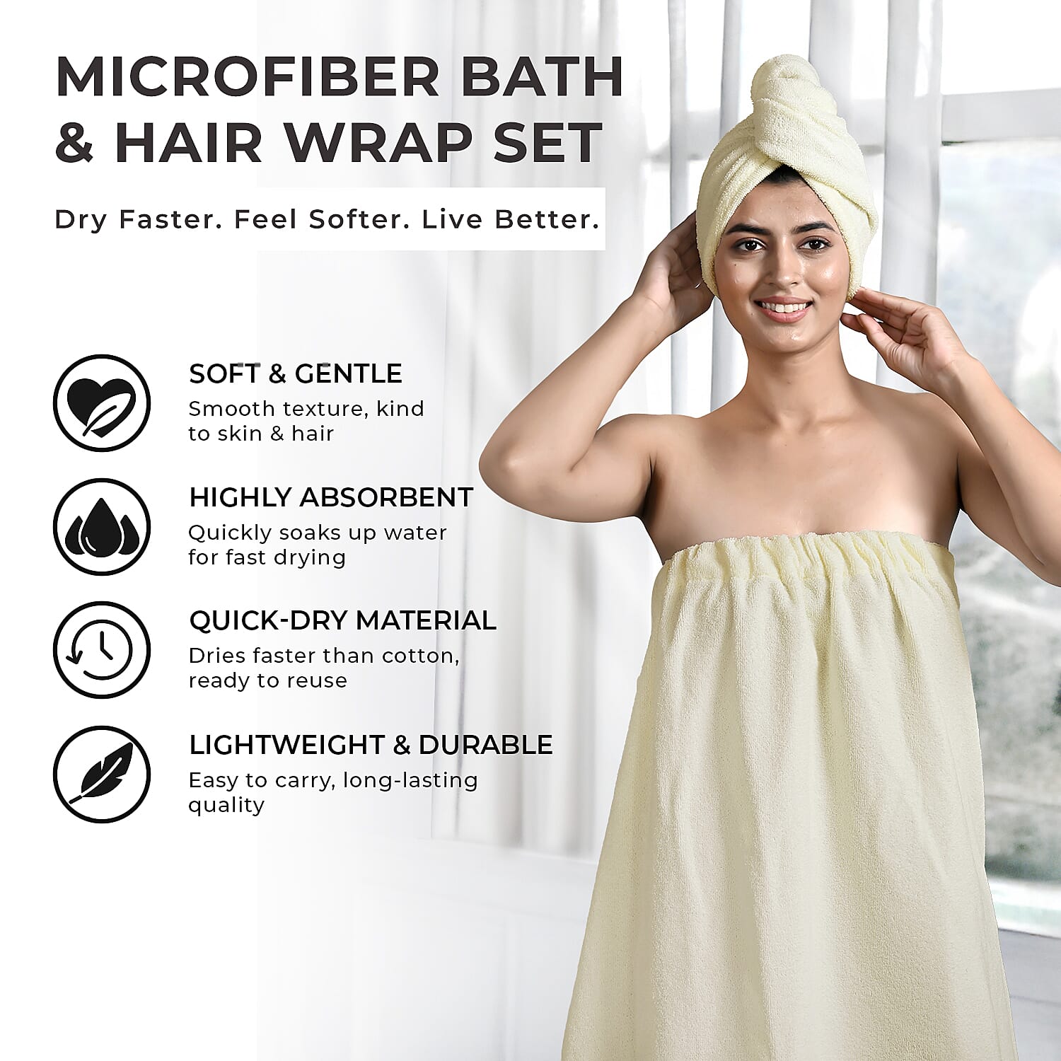 Soft - Comfortable Microfiber Bath and Hair Wrap Cap Set - Cream