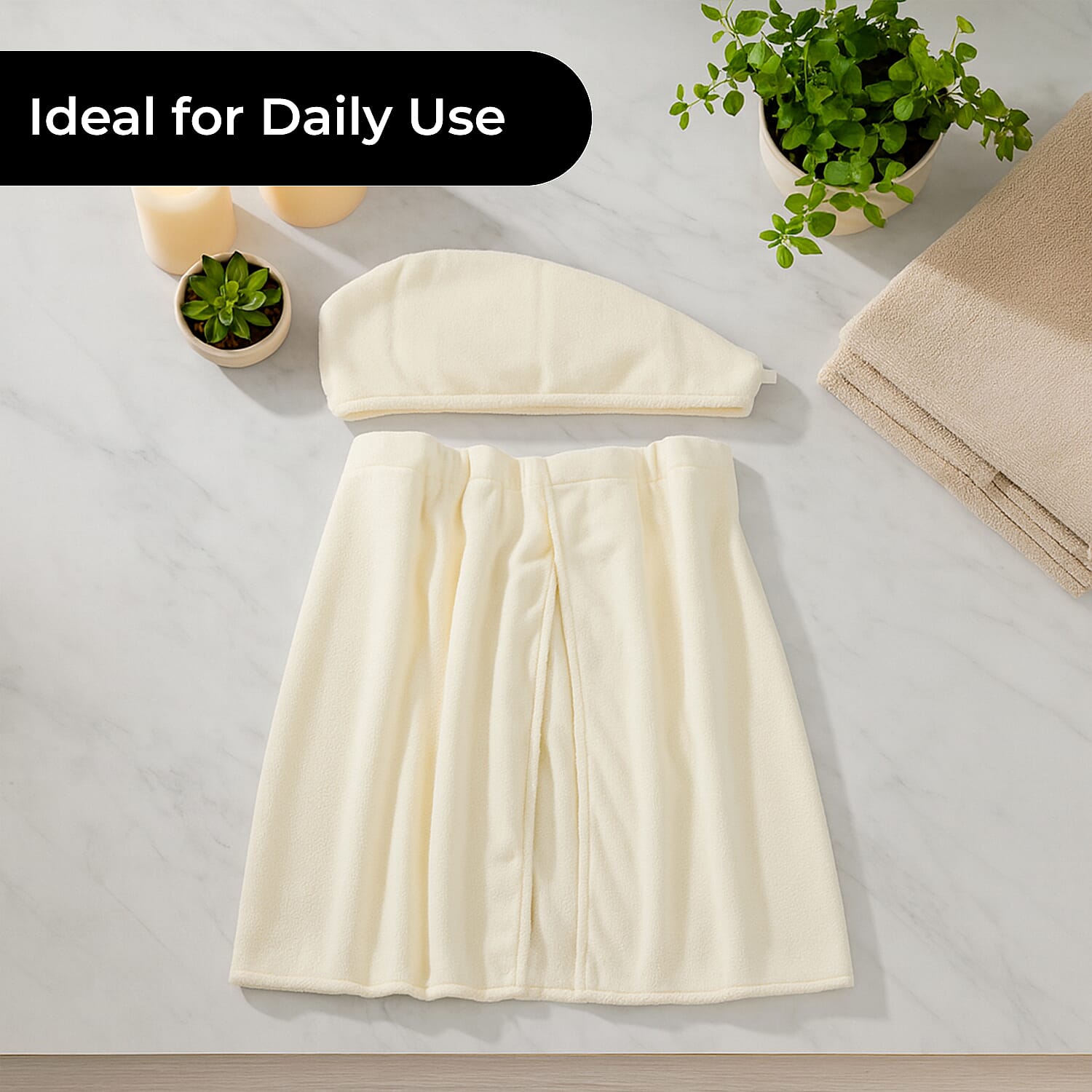 Soft - Comfortable Microfiber Bath and Hair Wrap Cap Set - Cream