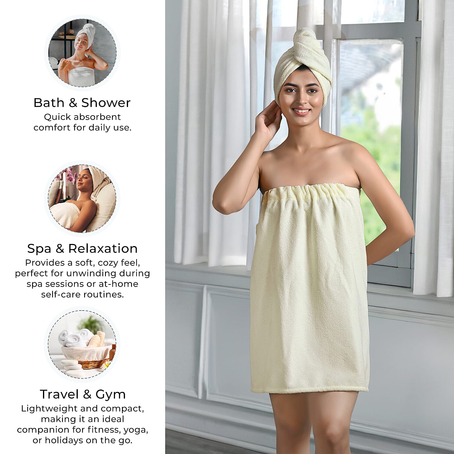 Soft - Comfortable Microfiber Bath and Hair Wrap Cap Set - Cream