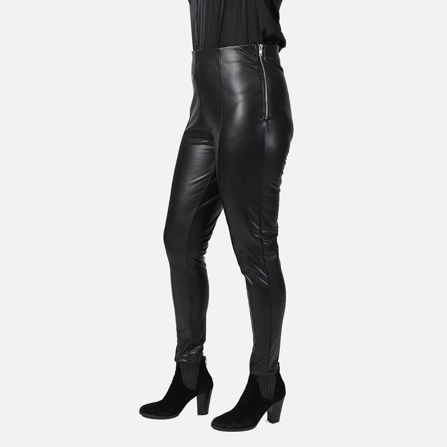 Stretch Faux Leather Trouser with Side Zip (Size 8) - Black