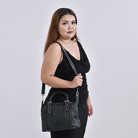Genuine Leather Damask Tote Bag with Long Shoulder Strap - Dark Green