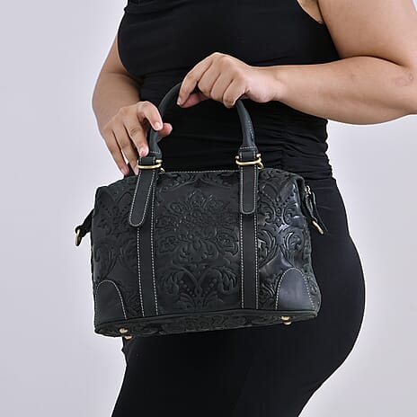 Vintage Boutique - Floral Embossed Genuine Leather Tote Bag With Long Shoulder Strap - Dark Green