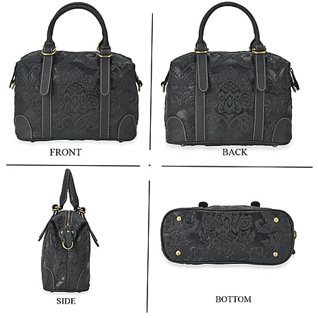 Vintage Boutique - Floral Embossed Genuine Leather Tote Bag With Long Shoulder Strap - Dark Green
