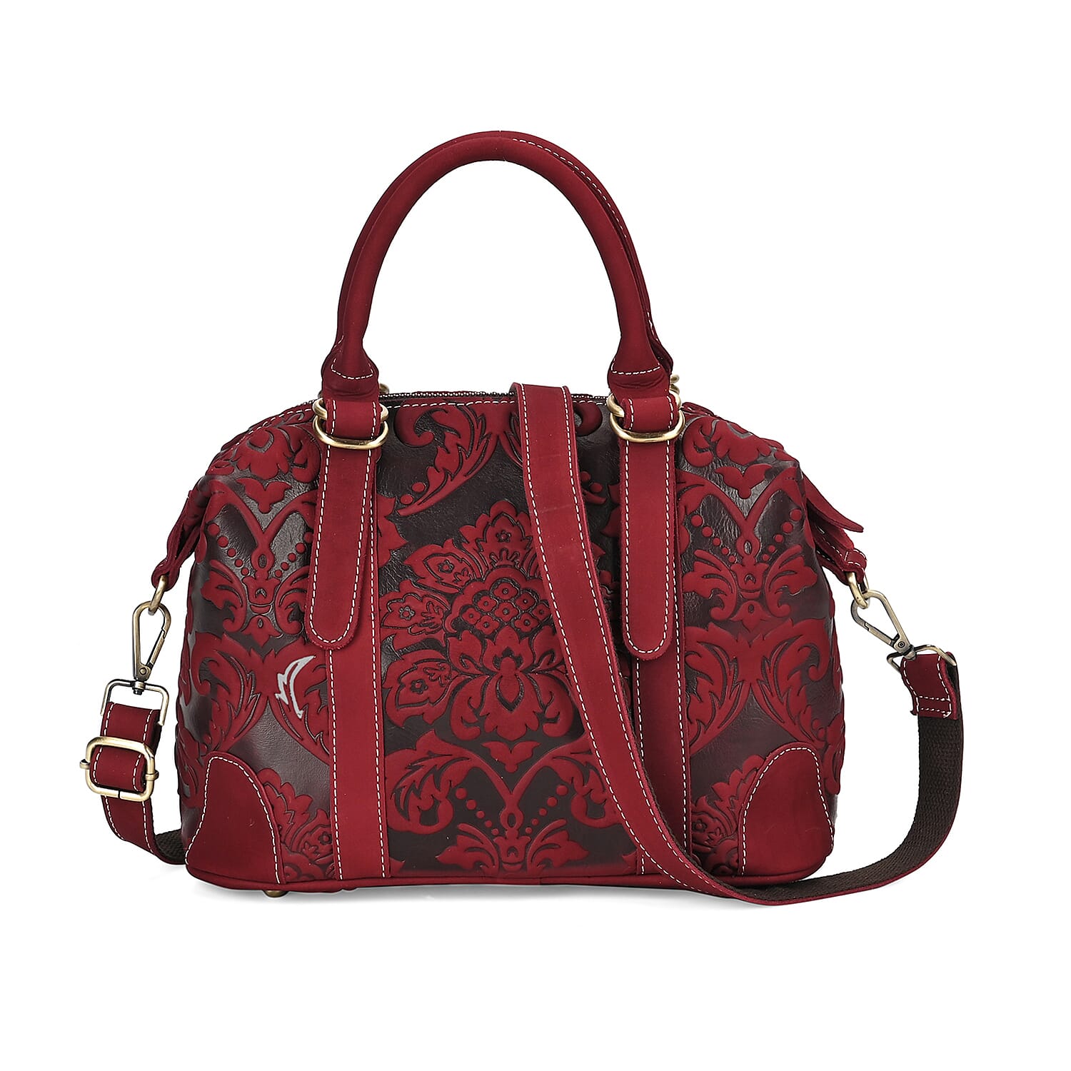 Vintage Boutique - Floral Embossed Genuine Leather Tote Bag With Long Shoulder Strap - Burgundy