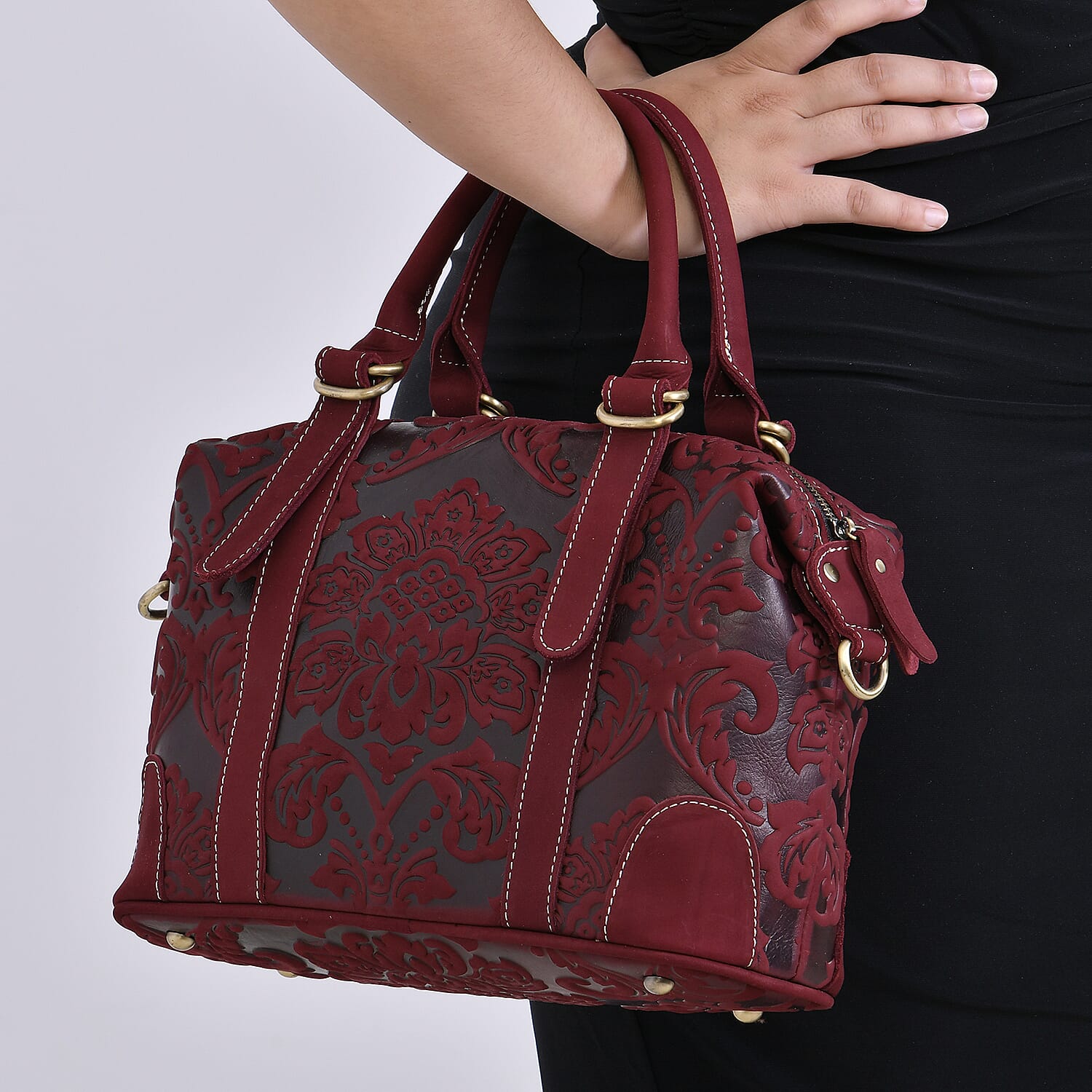 Vintage Boutique - Floral Embossed Genuine Leather Tote Bag With Long Shoulder Strap - Burgundy
