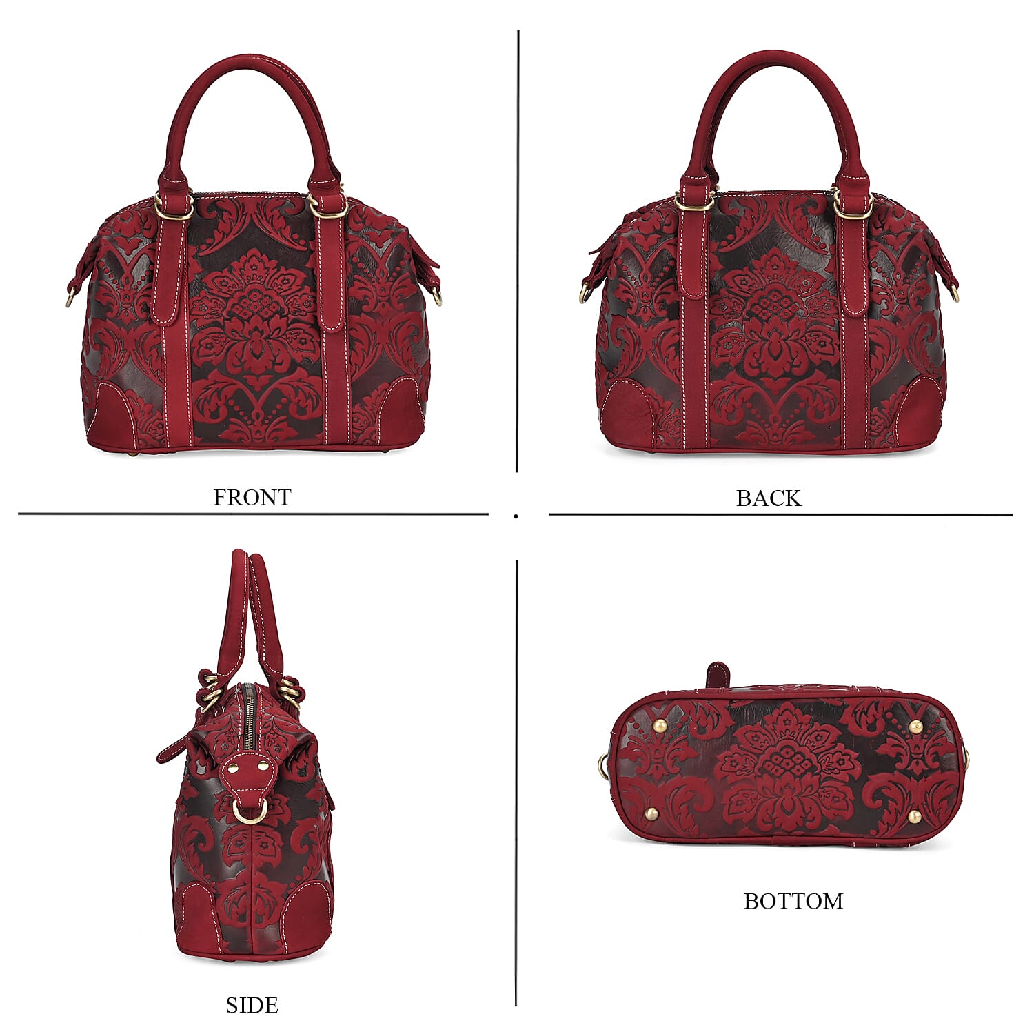 Vintage Boutique - Floral Embossed Genuine Leather Tote Bag With Long Shoulder Strap - Burgundy