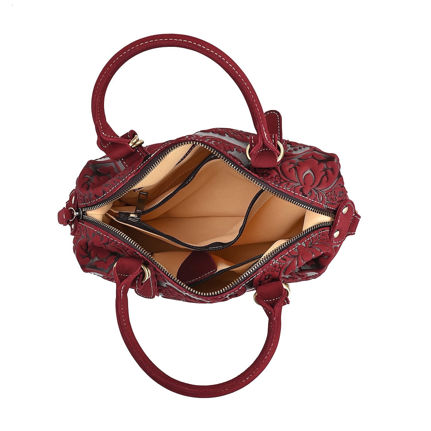 Vintage Boutique - Floral Embossed Genuine Leather Tote Bag With Long Shoulder Strap - Burgundy